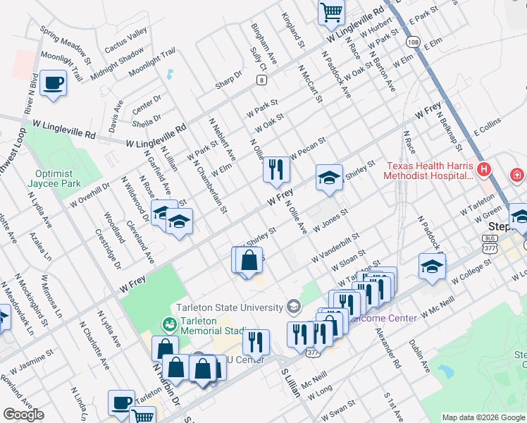 map of restaurants, bars, coffee shops, grocery stores, and more near 1207 West Frey in Stephenville