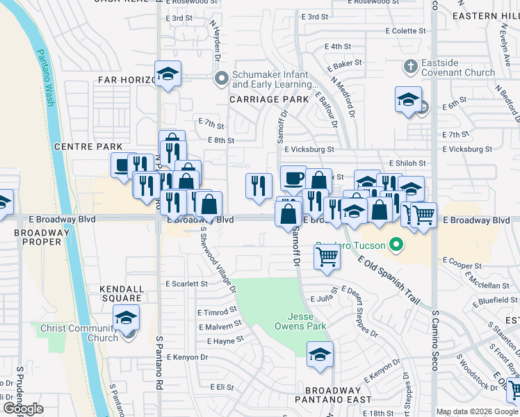 map of restaurants, bars, coffee shops, grocery stores, and more near 8111 East Broadway Boulevard in Tucson