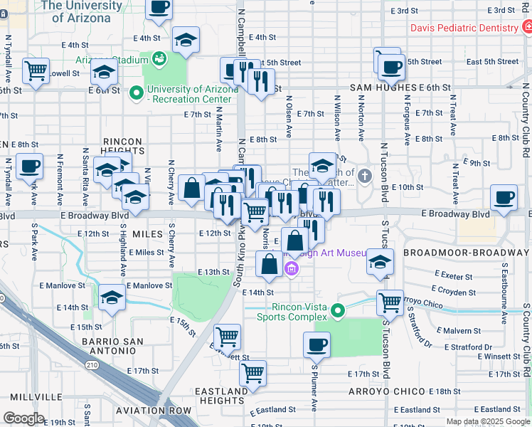 map of restaurants, bars, coffee shops, grocery stores, and more near E Broadway Blvd & S Norris Ave in Tucson