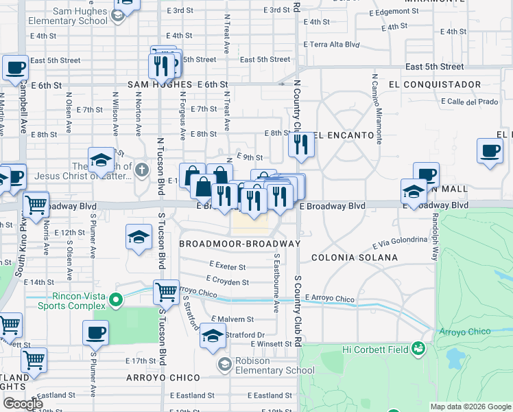map of restaurants, bars, coffee shops, grocery stores, and more near 2 North Stewart Avenue in Tucson