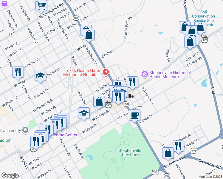 map of restaurants, bars, coffee shops, grocery stores, and more near 299 North Belknap Street in Stephenville