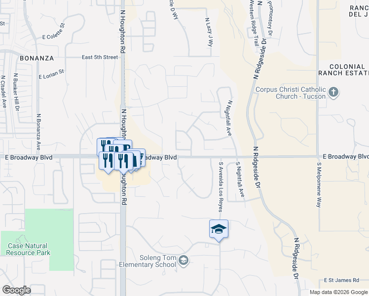 map of restaurants, bars, coffee shops, grocery stores, and more near 10551 East Wildfire Drive in Tucson