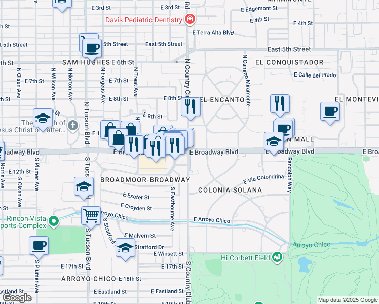 map of restaurants, bars, coffee shops, grocery stores, and more near 12 North Country Club Road in Tucson
