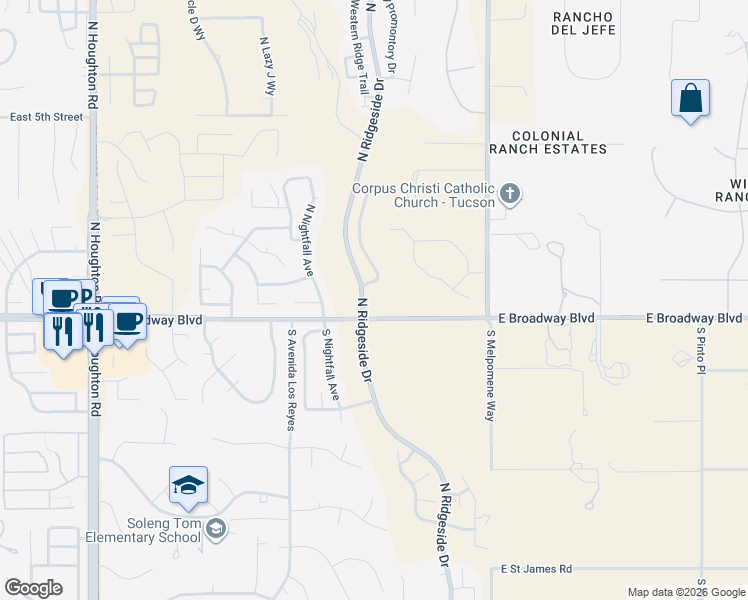 map of restaurants, bars, coffee shops, grocery stores, and more near 110 North Eastern Slope Loop in Tucson