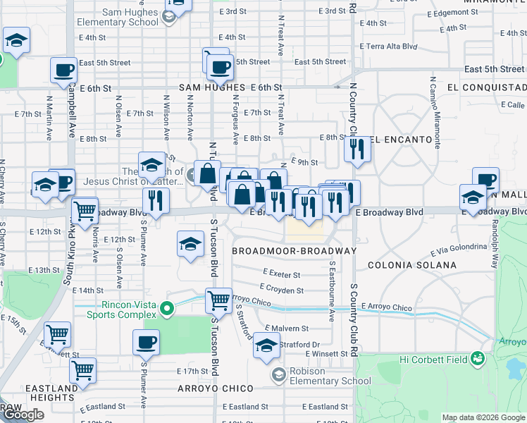 map of restaurants, bars, coffee shops, grocery stores, and more near 2656 East Broadway Boulevard in Tucson