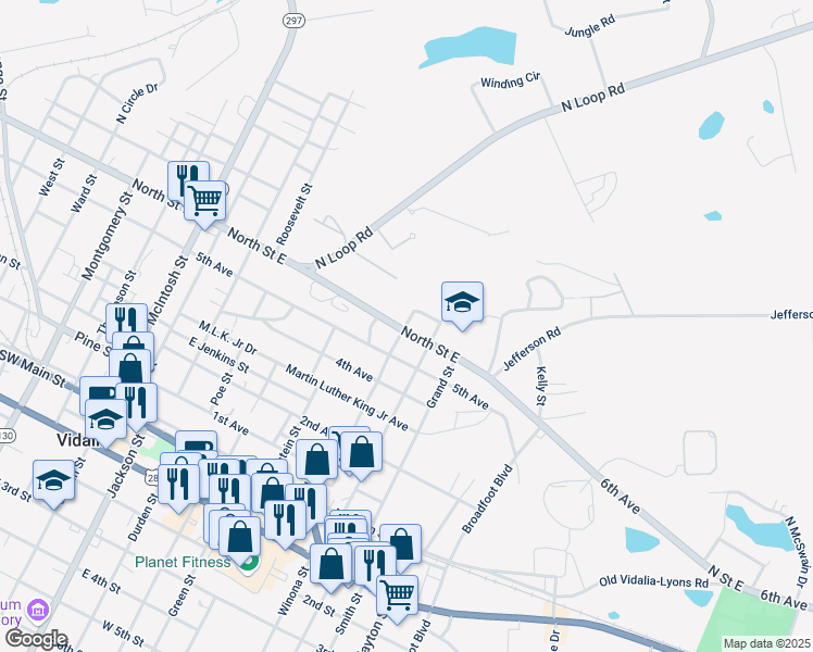 map of restaurants, bars, coffee shops, grocery stores, and more near North Saint East in Vidalia