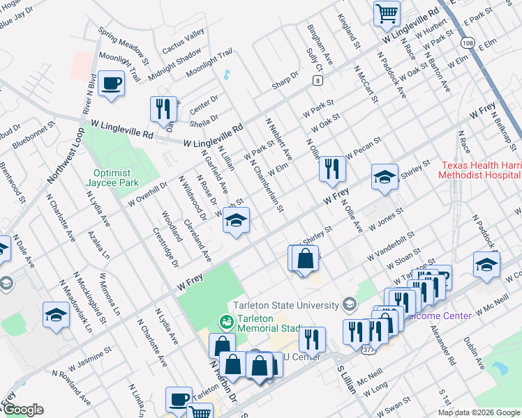 map of restaurants, bars, coffee shops, grocery stores, and more near 1495 West Mulberry Street in Stephenville