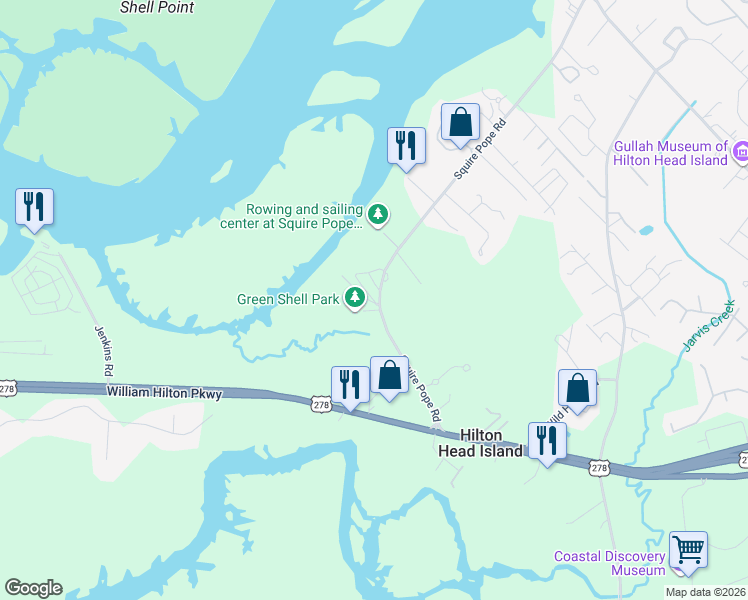 map of restaurants, bars, coffee shops, grocery stores, and more near 5 Squire Pope Road in Hilton Head Island