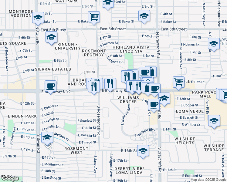 map of restaurants, bars, coffee shops, grocery stores, and more near 5195 East Williams Circle in Tucson