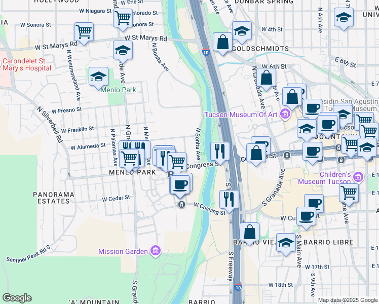 map of restaurants, bars, coffee shops, grocery stores, and more near 24 North Linda Avenue in Tucson