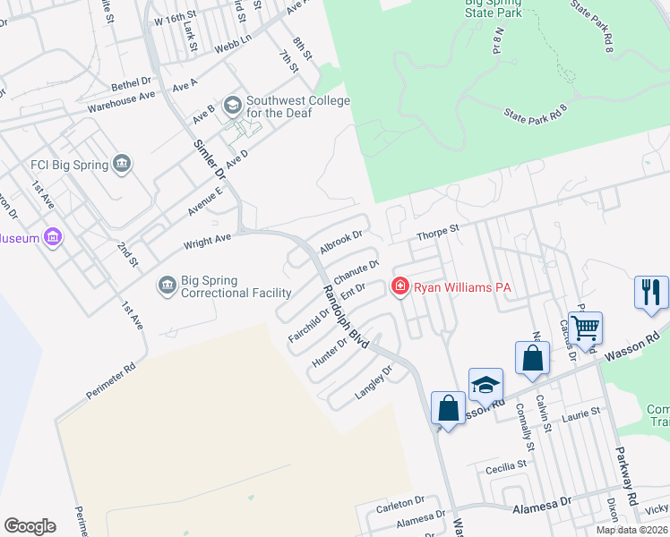 map of restaurants, bars, coffee shops, grocery stores, and more near 2504 Chanute Drive in Big Spring