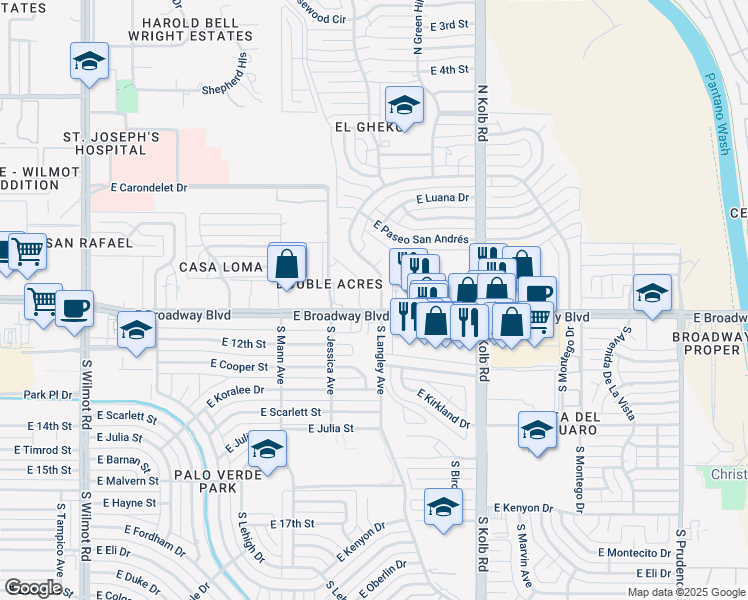 map of restaurants, bars, coffee shops, grocery stores, and more near 11 N Langley Ave in Tucson