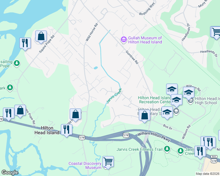 map of restaurants, bars, coffee shops, grocery stores, and more near 26 Sunday Ford Drive in Hilton Head Island