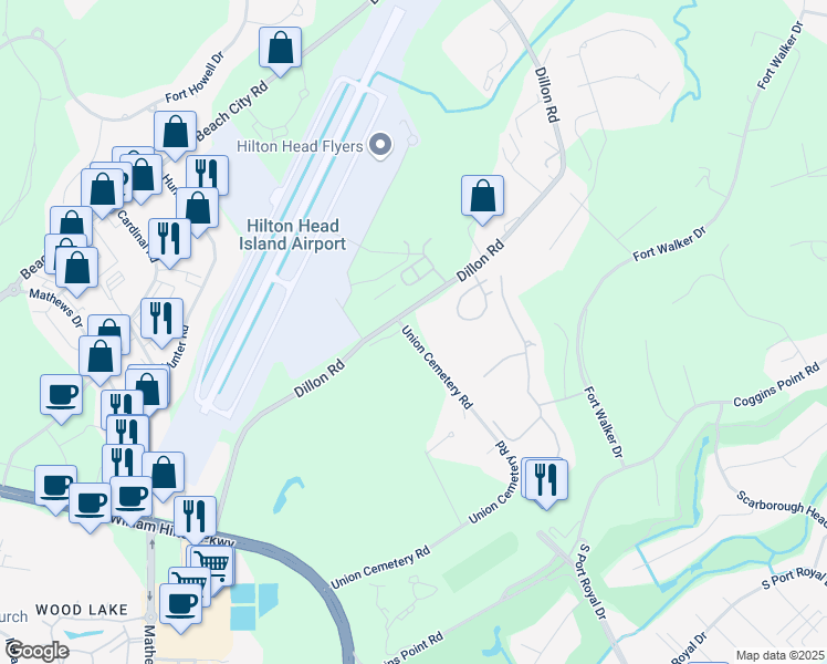 map of restaurants, bars, coffee shops, grocery stores, and more near 112 Union Cemetery Road in Hilton Head Island