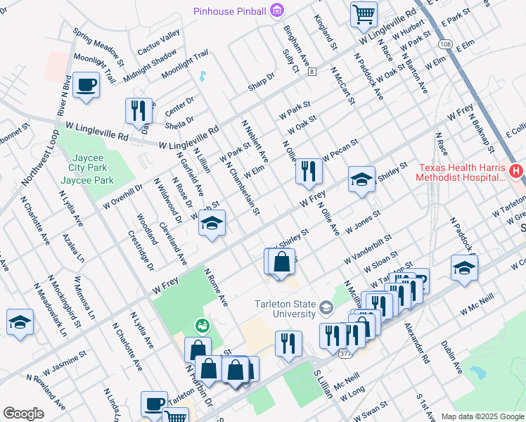 map of restaurants, bars, coffee shops, grocery stores, and more near 961 North Chamberlain Street in Stephenville