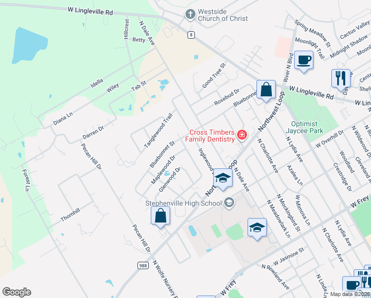 map of restaurants, bars, coffee shops, grocery stores, and more near 600 Maplewood Drive in Stephenville