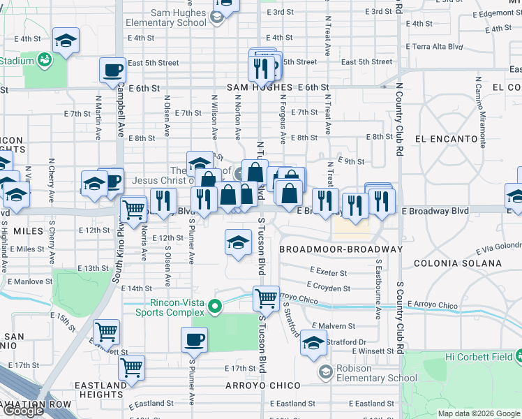 map of restaurants, bars, coffee shops, grocery stores, and more near 3 N Tucson Blvd in Tucson