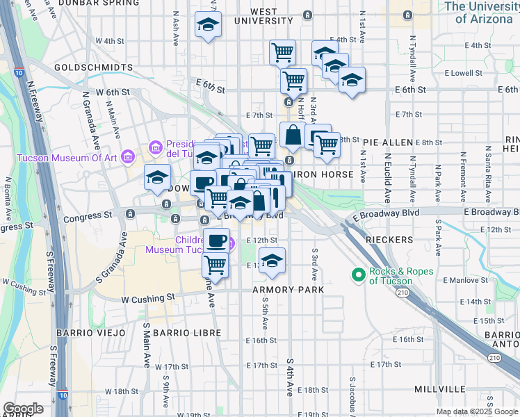 map of restaurants, bars, coffee shops, grocery stores, and more near 151 East Broadway Boulevard in Tucson