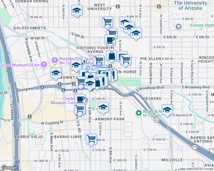 map of restaurants, bars, coffee shops, grocery stores, and more near 350 East Congress Street in Tucson
