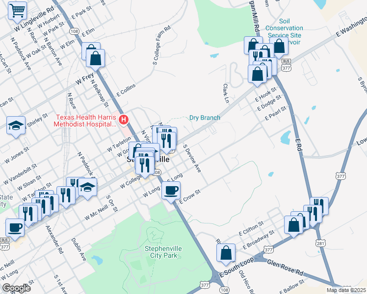 map of restaurants, bars, coffee shops, grocery stores, and more near 479 East College Street in Stephenville