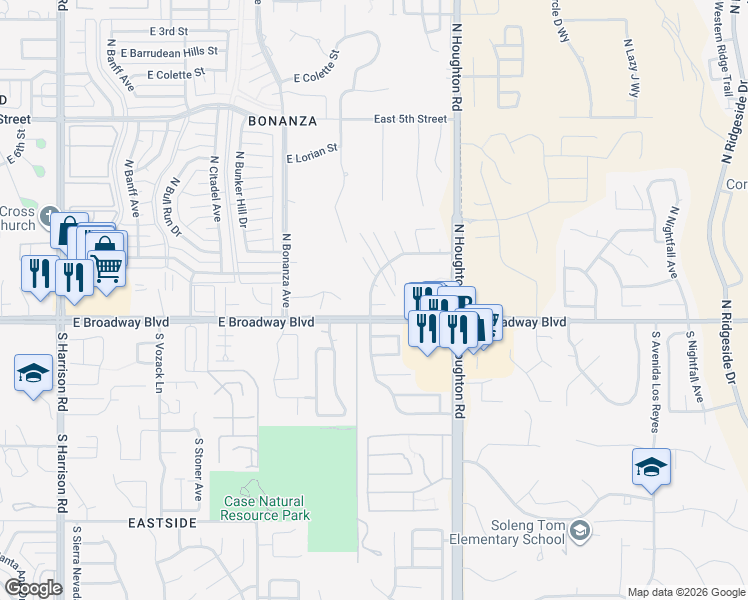 map of restaurants, bars, coffee shops, grocery stores, and more near 10131 East Karen Place in Tucson