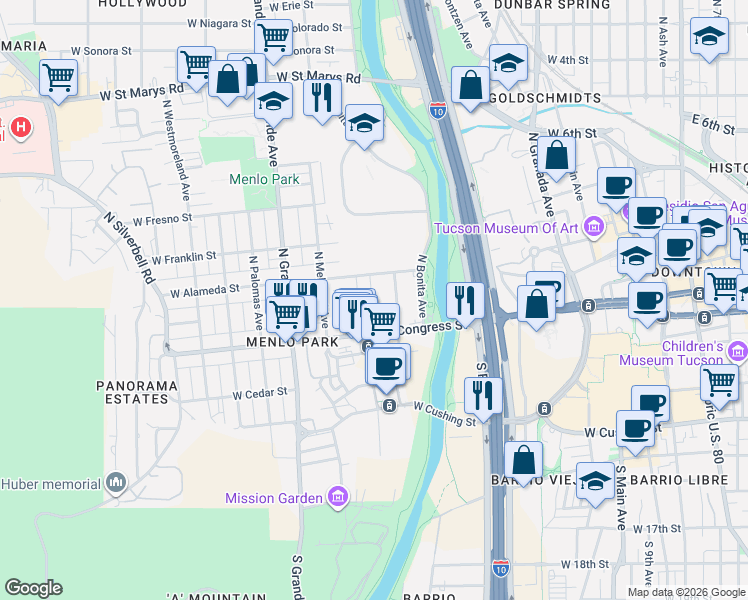map of restaurants, bars, coffee shops, grocery stores, and more near 52 North Davila Circle in Tucson