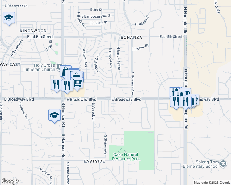 map of restaurants, bars, coffee shops, grocery stores, and more near 52 North Shadow Creek Place in Tucson