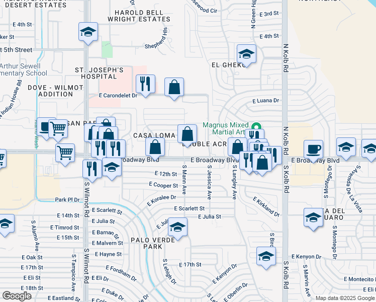 map of restaurants, bars, coffee shops, grocery stores, and more near 6639 East Broadway Boulevard in Tucson