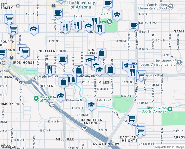 map of restaurants, bars, coffee shops, grocery stores, and more near 1301 East Broadway Boulevard in Tucson