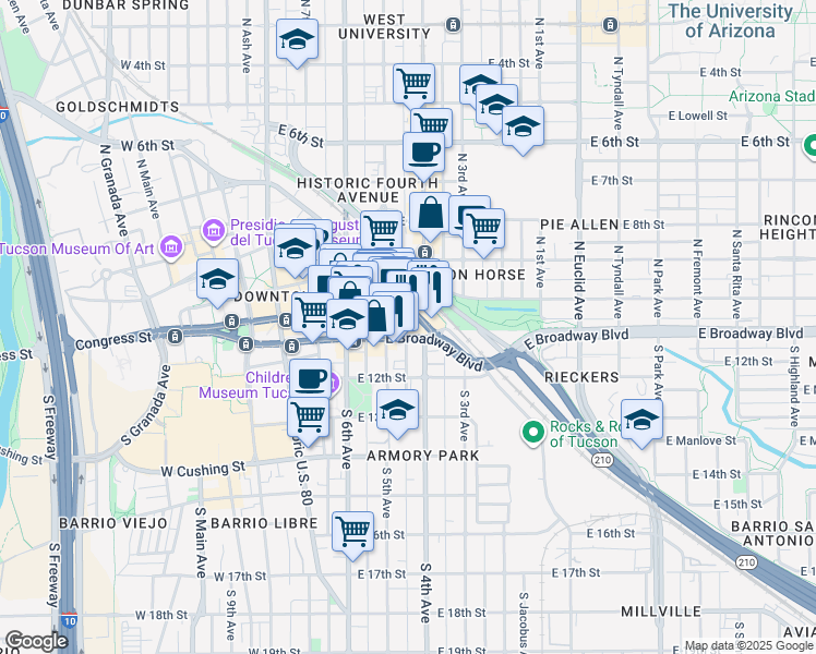 map of restaurants, bars, coffee shops, grocery stores, and more near 2 South 4th Avenue in Tucson