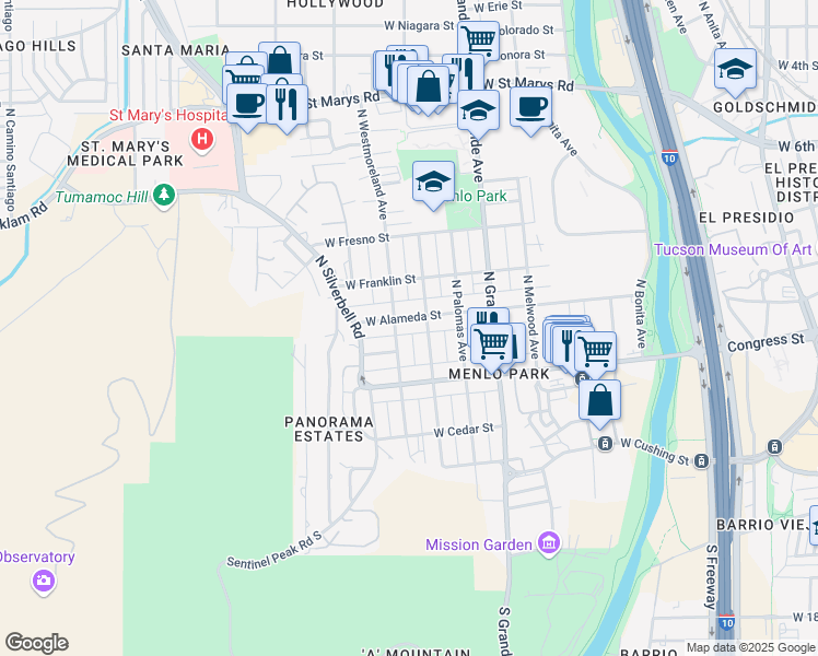 map of restaurants, bars, coffee shops, grocery stores, and more near 71 North Westmoreland Avenue in Tucson