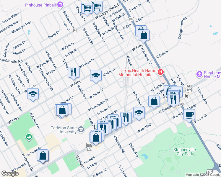 map of restaurants, bars, coffee shops, grocery stores, and more near 664 North McCart Street in Stephenville
