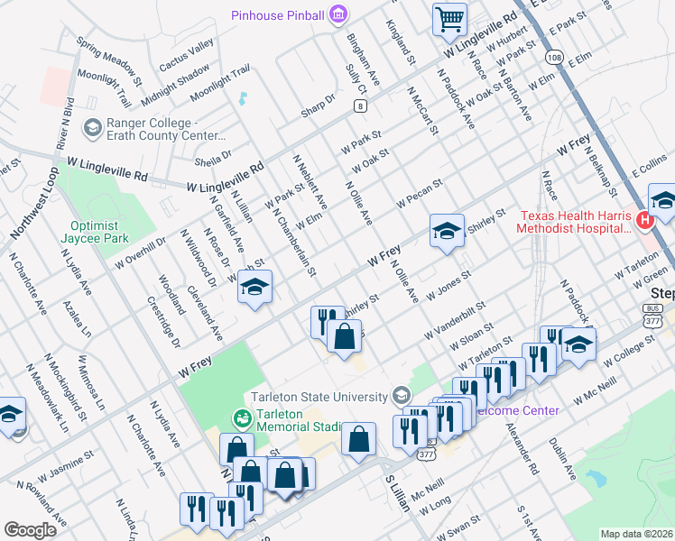 map of restaurants, bars, coffee shops, grocery stores, and more near 1207 West Frey in Stephenville