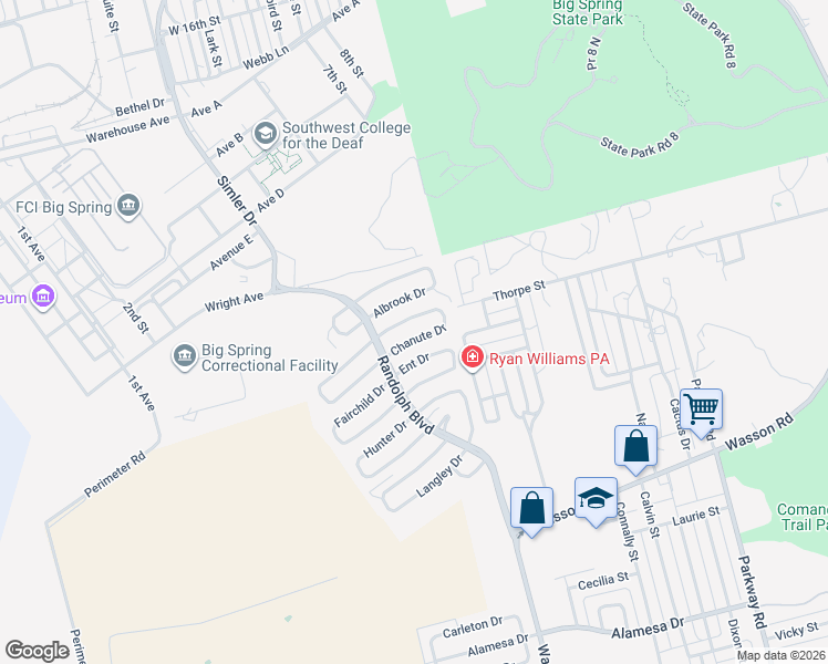 map of restaurants, bars, coffee shops, grocery stores, and more near 2504-2618 Chanute Drive in Big Spring