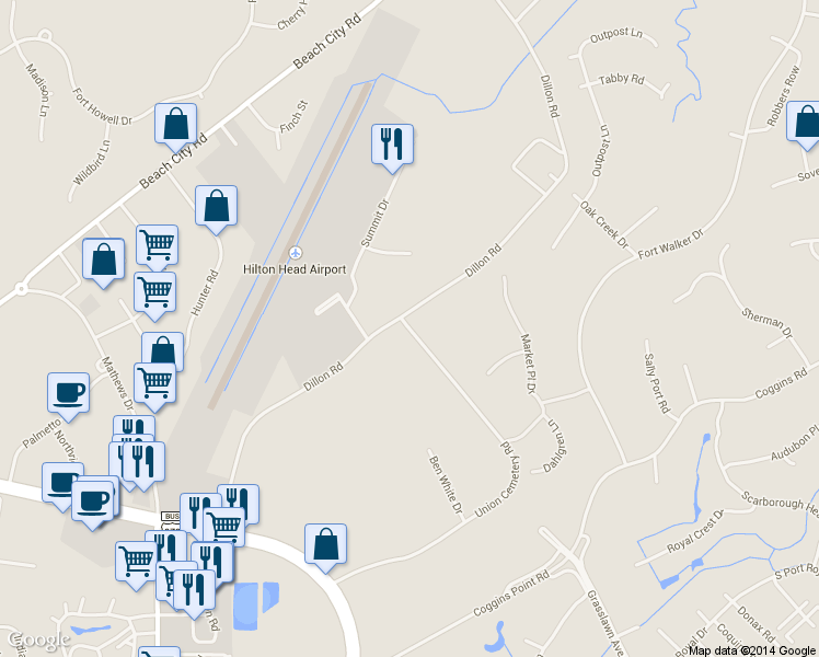 map of restaurants, bars, coffee shops, grocery stores, and more near 115 Union Cemetery Road in Hilton Head Island