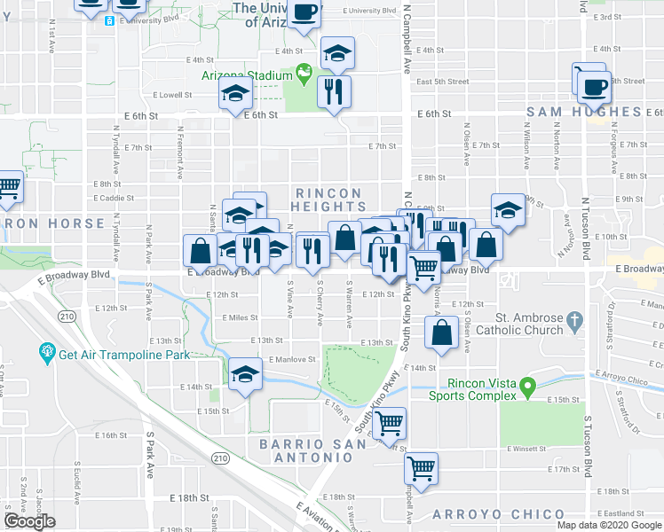 map of restaurants, bars, coffee shops, grocery stores, and more near 1615 East Broadway Boulevard in Tucson
