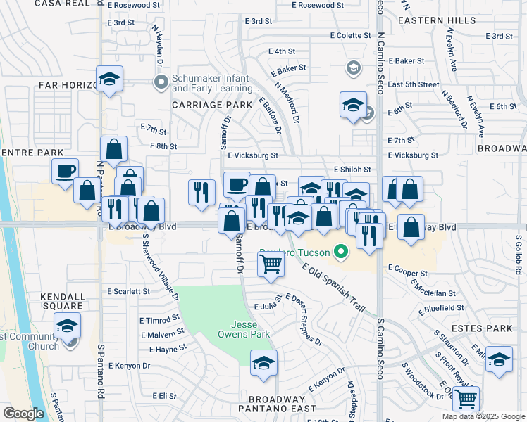 map of restaurants, bars, coffee shops, grocery stores, and more near 8351 East Broadway Boulevard in Tucson