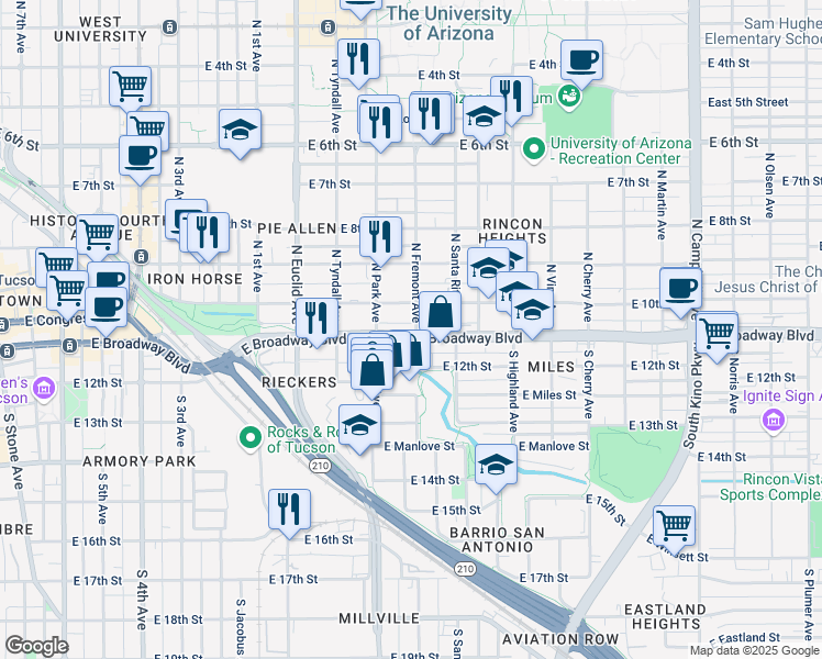 map of restaurants, bars, coffee shops, grocery stores, and more near 1099 East Broadway Boulevard in Tucson