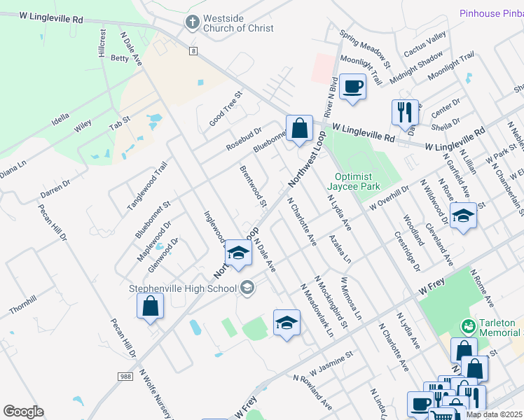 map of restaurants, bars, coffee shops, grocery stores, and more near 2301 Northwest Loop in Stephenville