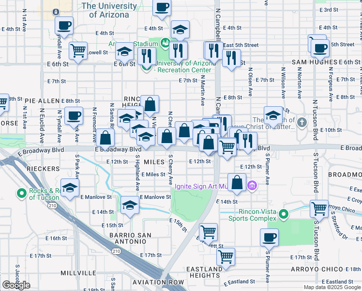 map of restaurants, bars, coffee shops, grocery stores, and more near 1629 East Broadway Boulevard in Tucson