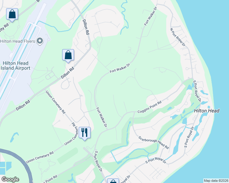 map of restaurants, bars, coffee shops, grocery stores, and more near 20 Sally Port Road in Hilton Head Island