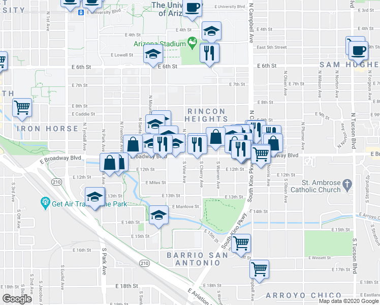 map of restaurants, bars, coffee shops, grocery stores, and more near 1515 East Broadway Boulevard in Tucson
