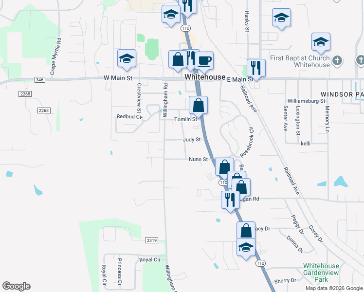 map of restaurants, bars, coffee shops, grocery stores, and more near 402 Gibson Street in Whitehouse