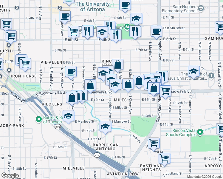 map of restaurants, bars, coffee shops, grocery stores, and more near 1403 East Broadway Boulevard in Tucson