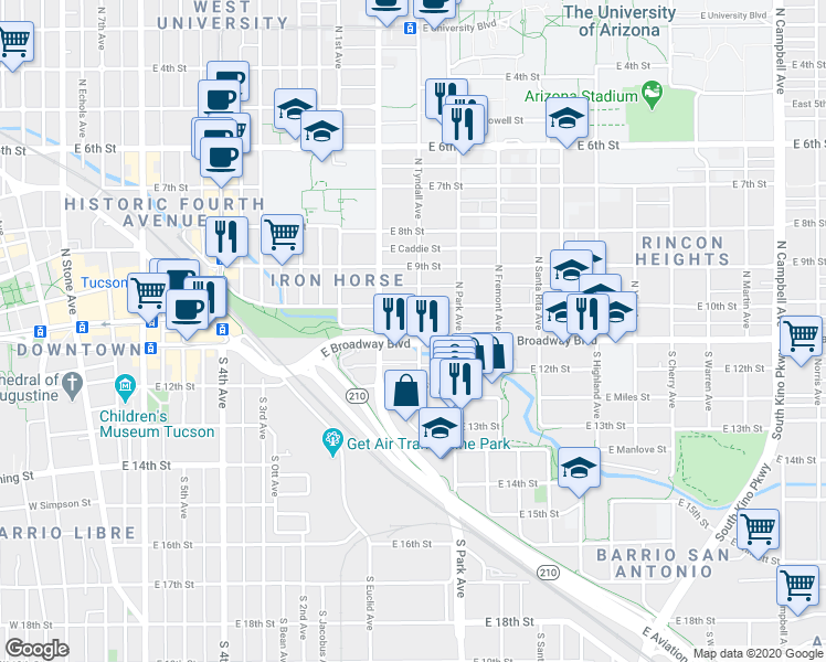 map of restaurants, bars, coffee shops, grocery stores, and more near 843 E Broadway Blvd in Tucson
