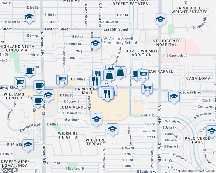 map of restaurants, bars, coffee shops, grocery stores, and more near 3 North Indian House Road in Tucson