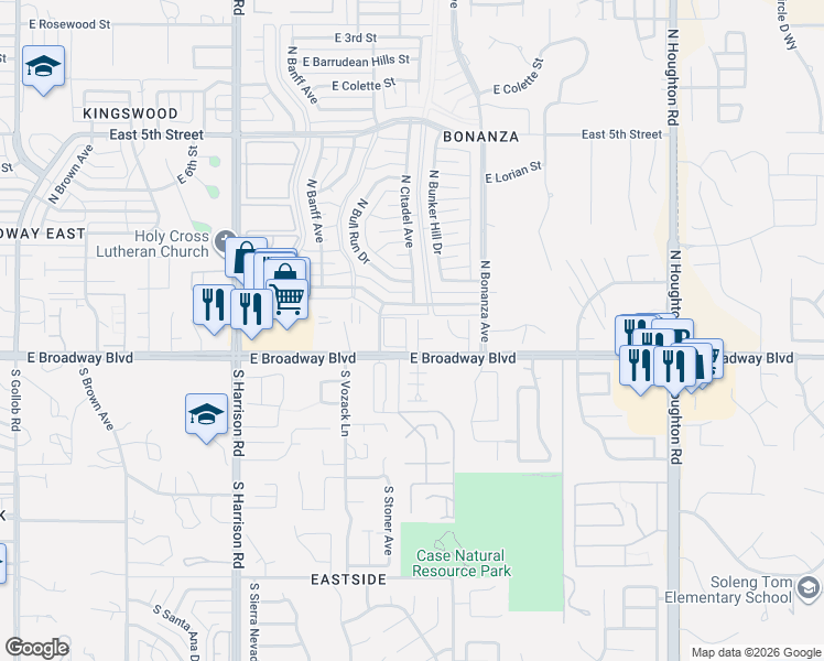 map of restaurants, bars, coffee shops, grocery stores, and more near 52 North Shadow Creek Place in Tucson