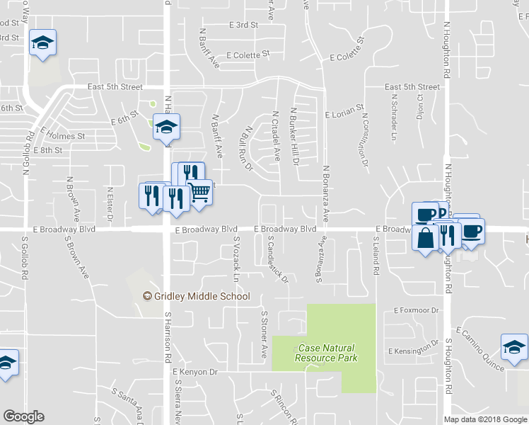 map of restaurants, bars, coffee shops, grocery stores, and more near 38 North Cam Imagen in Tucson