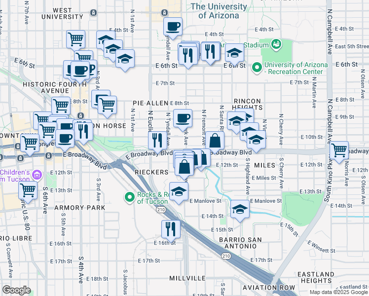 map of restaurants, bars, coffee shops, grocery stores, and more near 999 East Broadway Boulevard in Tucson