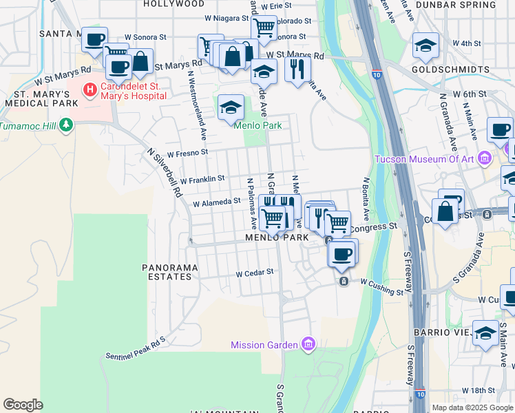 map of restaurants, bars, coffee shops, grocery stores, and more near 48 North Palomas Avenue in Tucson